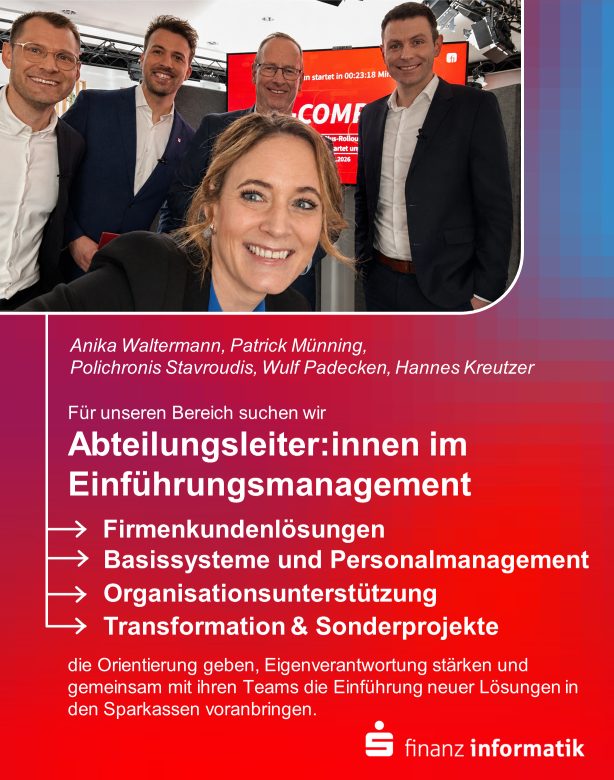 "Vier Kollegen und eine Kollegin lachen in die Kamera. Darunter Text: Abteilungsleiter:innen im Einführungsmanagement Firmenkundenlösungen, Basissystem und Personalmanagement, Organisationsunterstützung, Transformation und Sonderprojekte"
