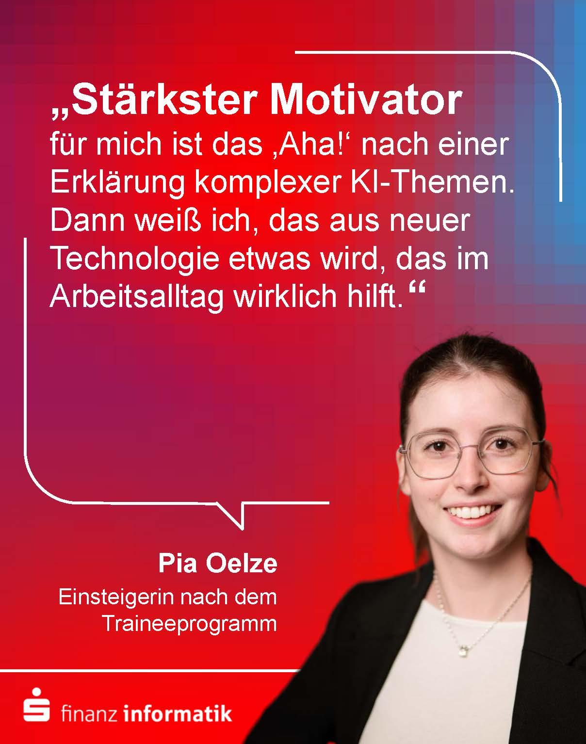 Sprechblase mit Text: "Stärkste Motivation für mich ist das 'Aha!' nach einer Erklärung komplexer KI-Themen." Pia Oelze lacht.