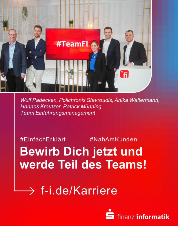 "Vier Kollegen und eine Kollegin lachen in die Kamera: Bewirb Dich jetzt und werde Teil des Teams!"