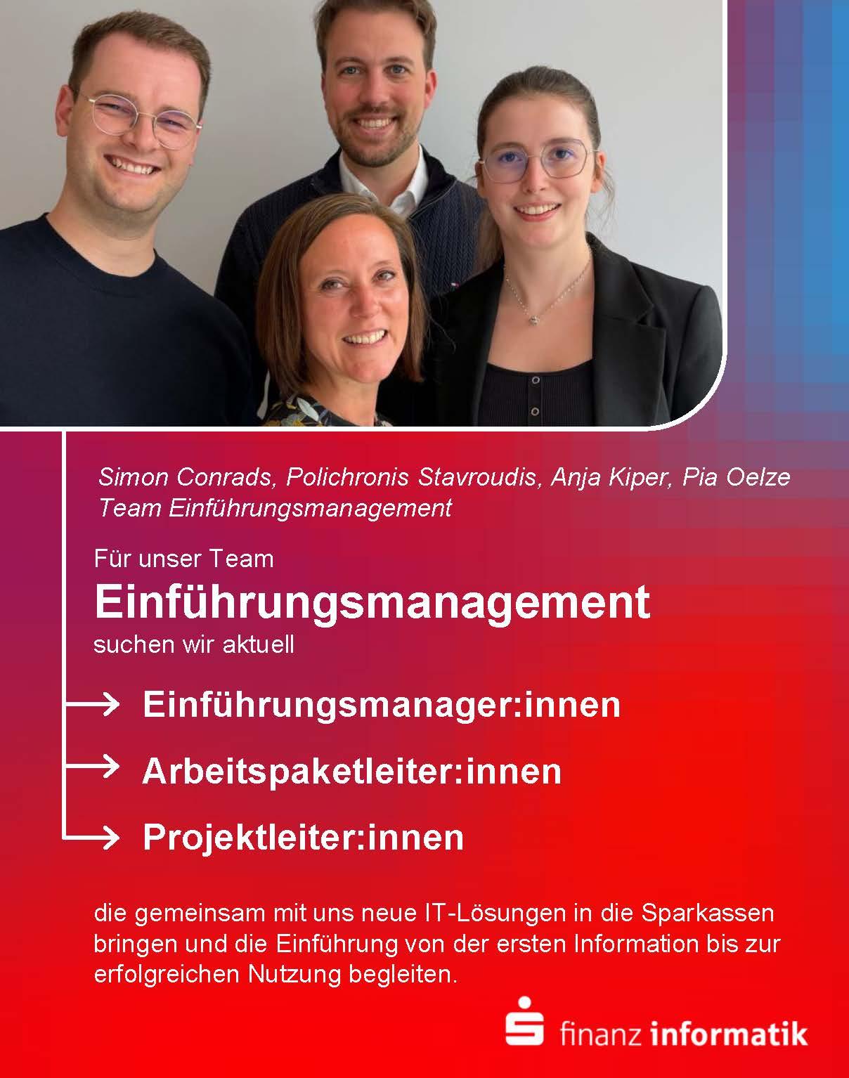 "Zwei Kollegen und zwei Kolleginne aus dem Team Einführungsmanagement lachen in die Kamera. Darunter Text: Wir sichen Einführungsmanager:innen, Arbeitspaketleiter:innen, Projektleiter:innen."